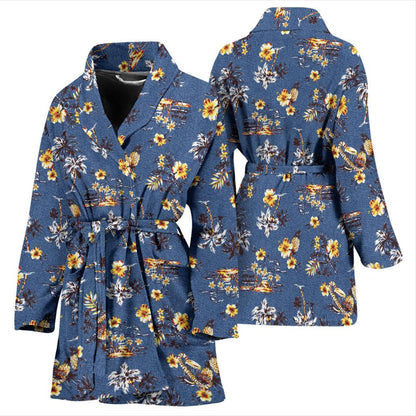 Hawaiian Flower Blue Print Women Bath Robe-JTAMIGO.COM