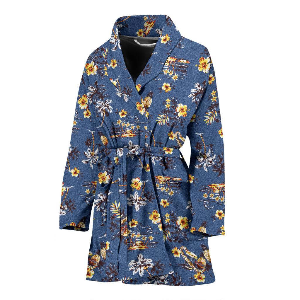 Hawaiian Flower Blue Print Women Bath Robe-JTAMIGO.COM
