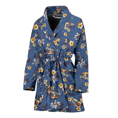 Hawaiian Flower Blue Print Women Bath Robe-JTAMIGO.COM