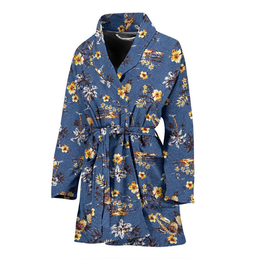 Hawaiian Flower Blue Print Women Bath Robe-JTAMIGO.COM
