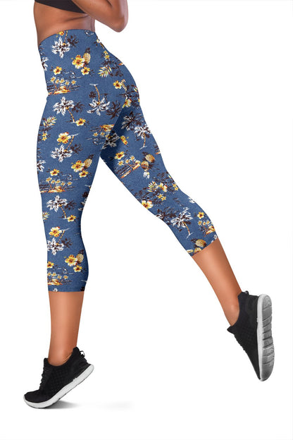 Hawaiian Flower Blue Print Women Capris