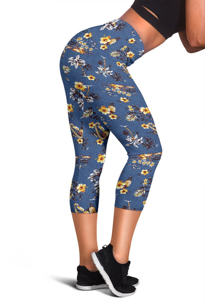 Hawaiian Flower Blue Print Women Capris