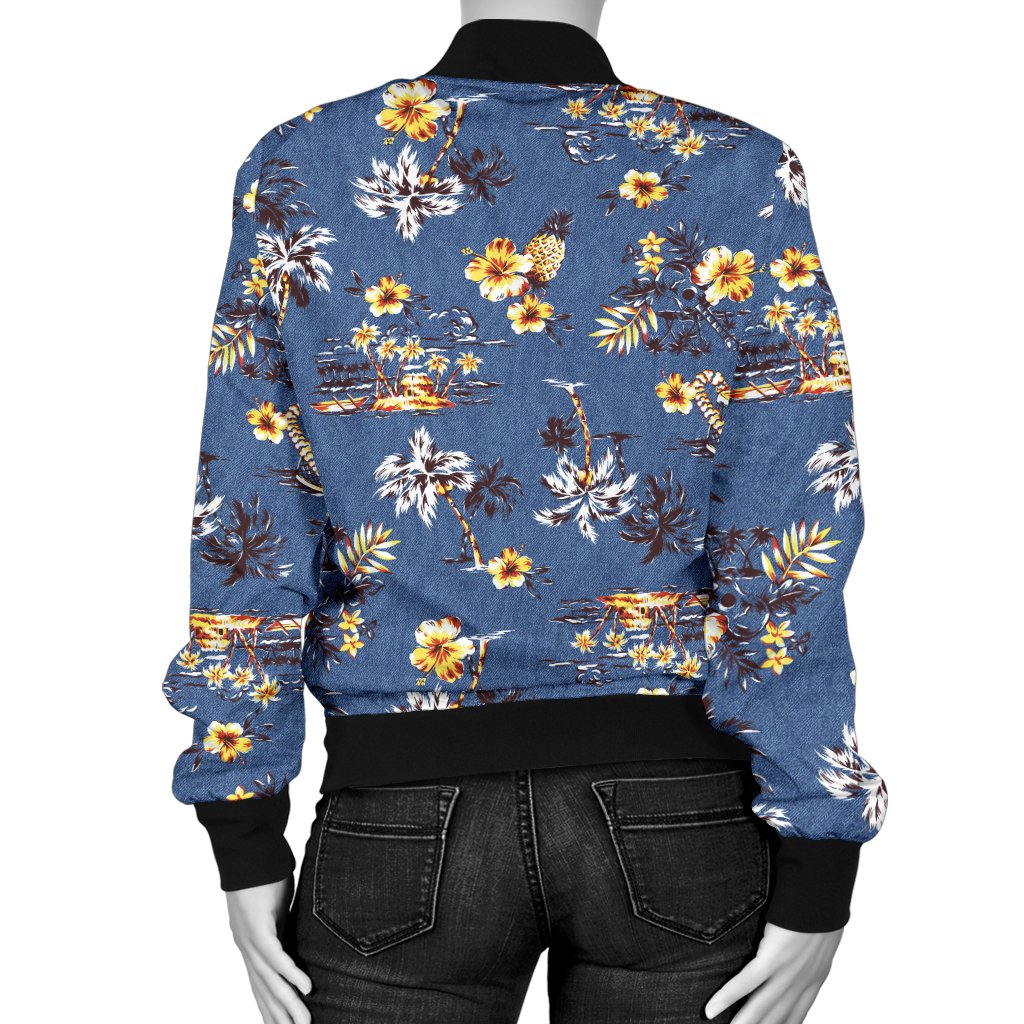 Hawaiian Flower Blue Print Women Casual Bomber Jacket
