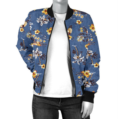 Hawaiian Flower Blue Print Women Casual Bomber Jacket
