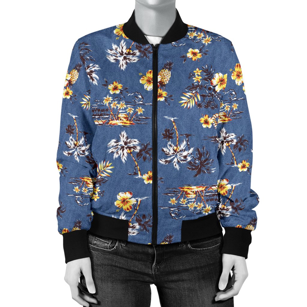 Hawaiian Flower Blue Print Women Casual Bomber Jacket