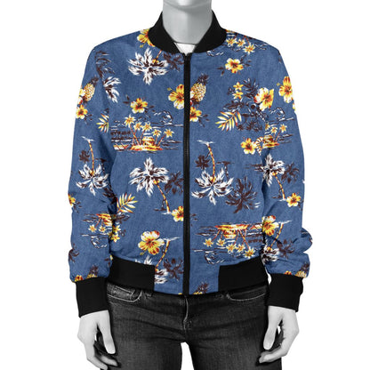 Hawaiian Flower Blue Print Women Casual Bomber Jacket