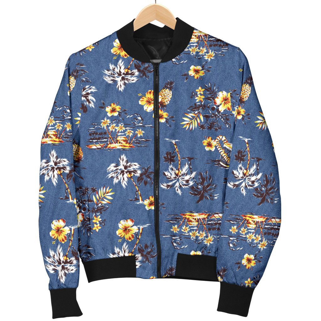 Hawaiian Flower Blue Print Women Casual Bomber Jacket