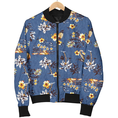 Hawaiian Flower Blue Print Women Casual Bomber Jacket