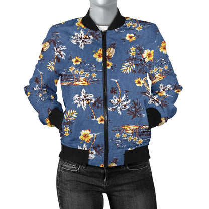 Hawaiian Flower Blue Print Women Casual Bomber Jacket