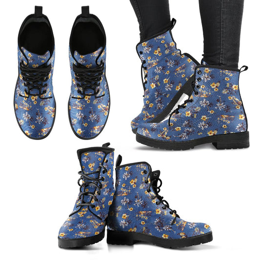 Hawaiian Flower Blue Print Women Leather Boots-JTAMIGO.COM
