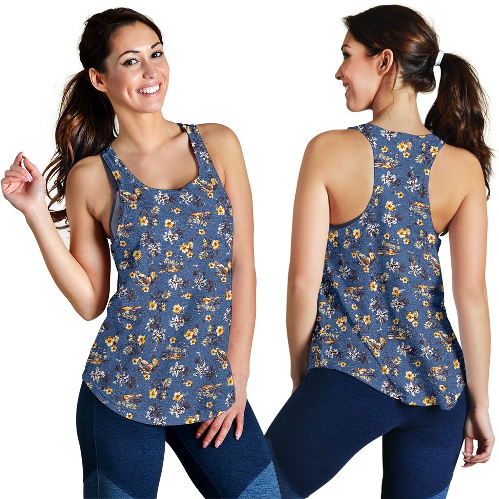 Hawaiian Flower Blue Print Women Racerback Tank Top