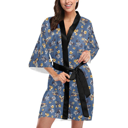Hawaiian Flower Blue Print Women Short Kimono Robe