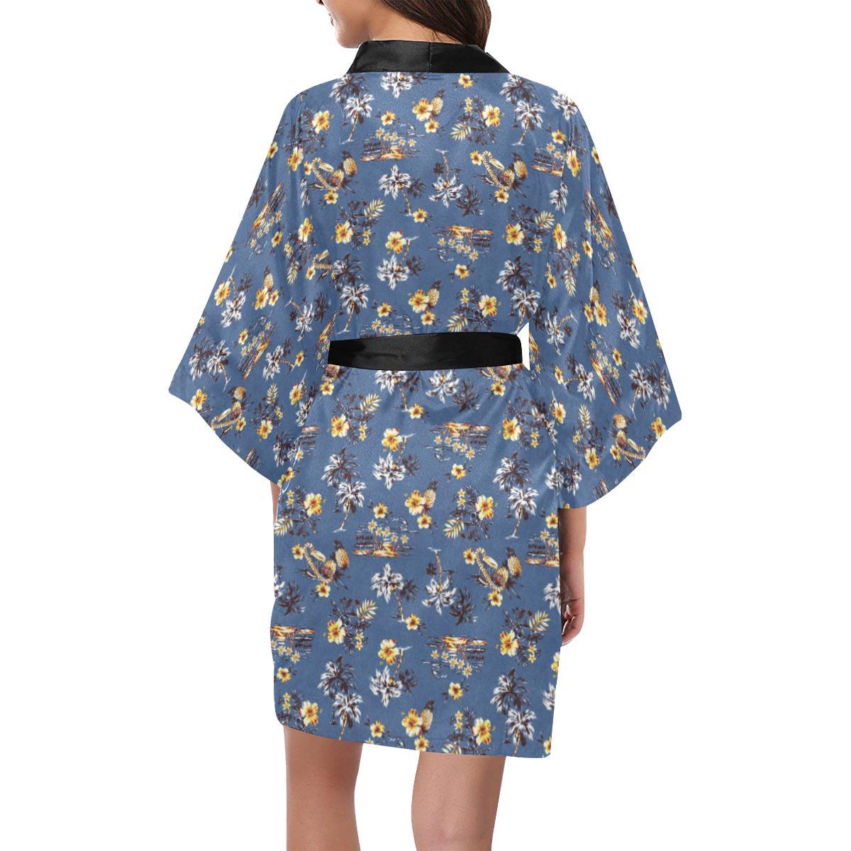 Hawaiian Flower Blue Print Women Short Kimono Robe