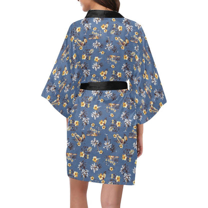 Hawaiian Flower Blue Print Women Short Kimono Robe