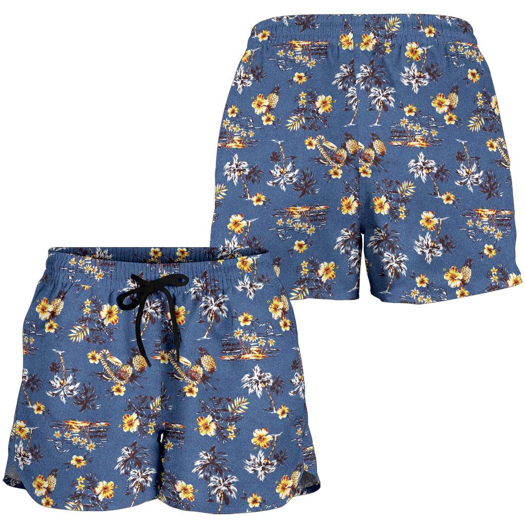 Hawaiian Flower Blue Print Women Shorts-JTAMIGO.COM