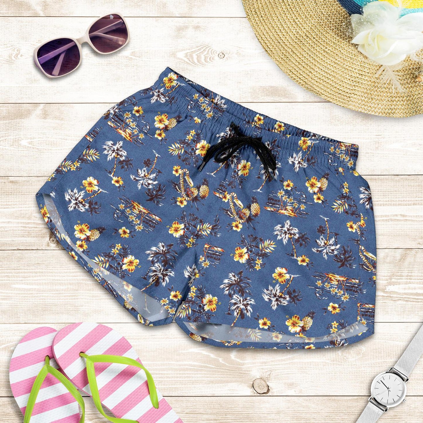 Hawaiian Flower Blue Print Women Shorts-JTAMIGO.COM