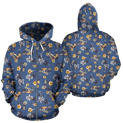 Hawaiian Flower Blue Print Zip Up Hoodie