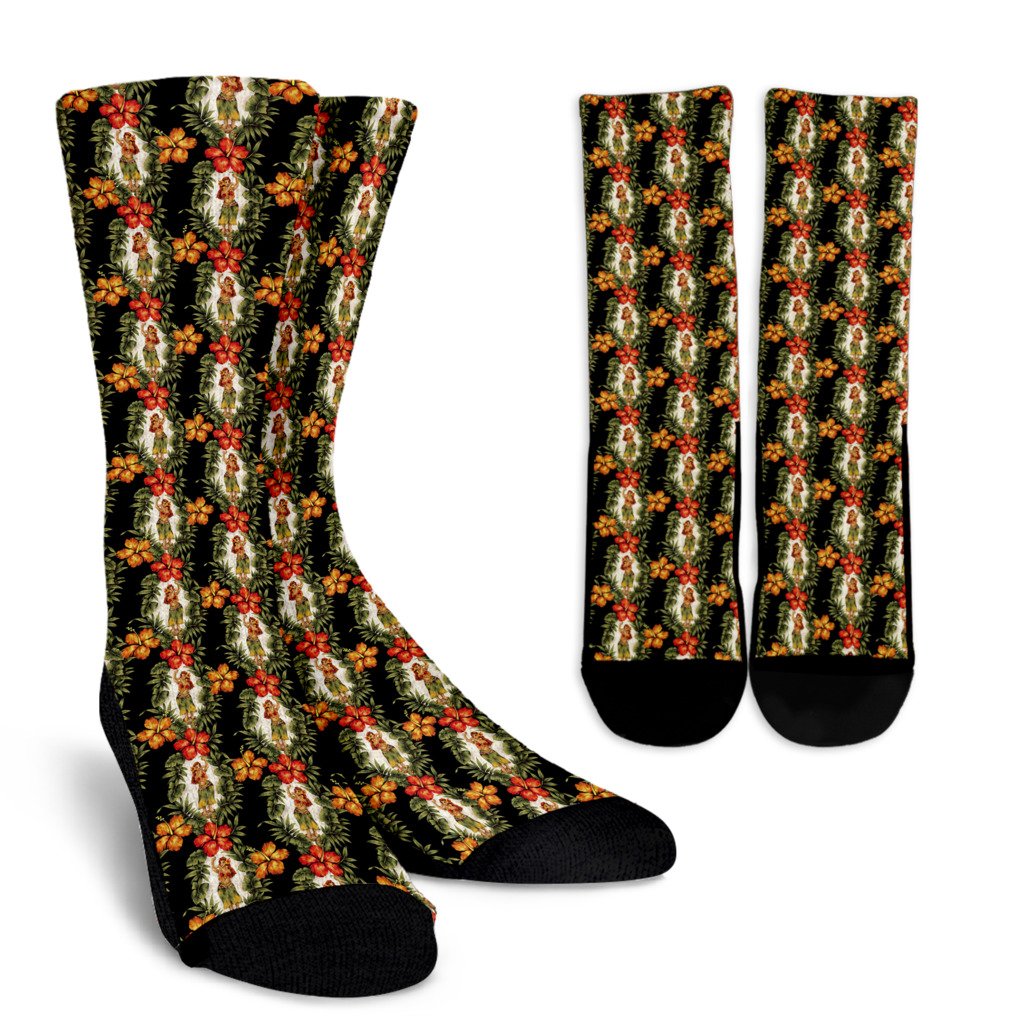 Hawaiian Flower Hula Hibiscus Print Crew Socks