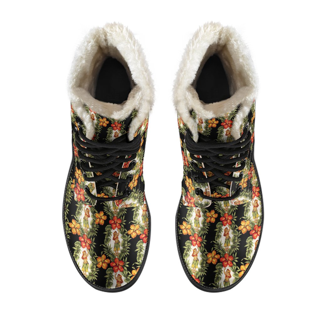 Hawaiian Flower Hula Hibiscus Print Faux Fur Leather Boots-JTAMIGO.COM