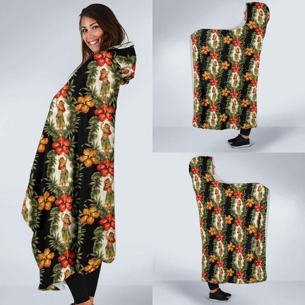 Hawaiian Flower Hula Hibiscus Print Hooded Blanket-JTAMIGO.COM