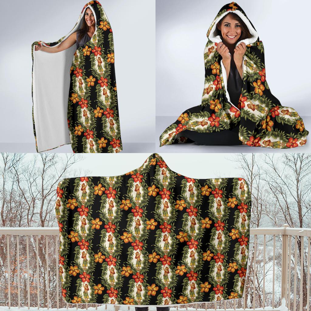 Hawaiian Flower Hula Hibiscus Print Hooded Blanket-JTAMIGO.COM