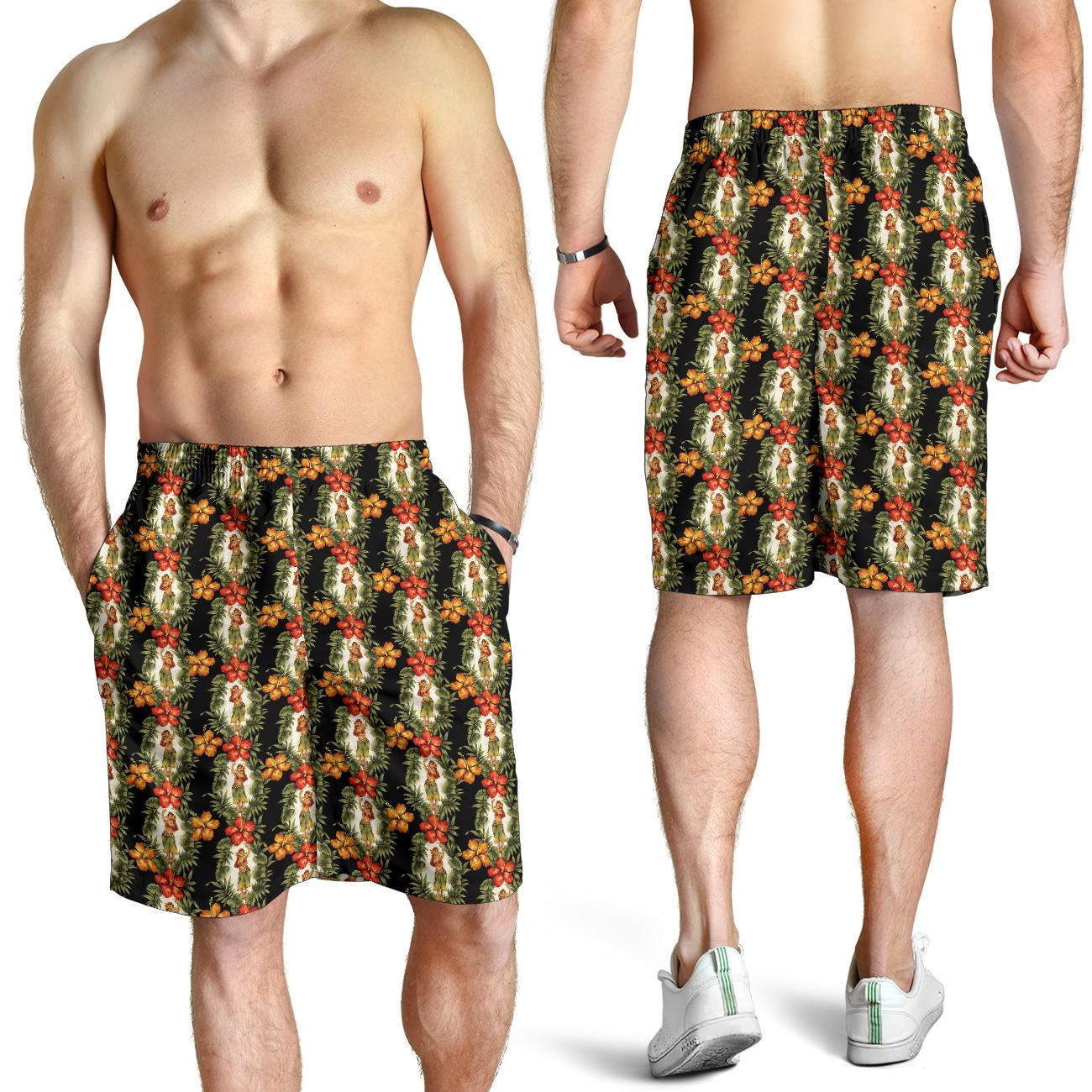 Hawaiian Flower Hula Hibiscus Print Mens Shorts-JTAMIGO.COM