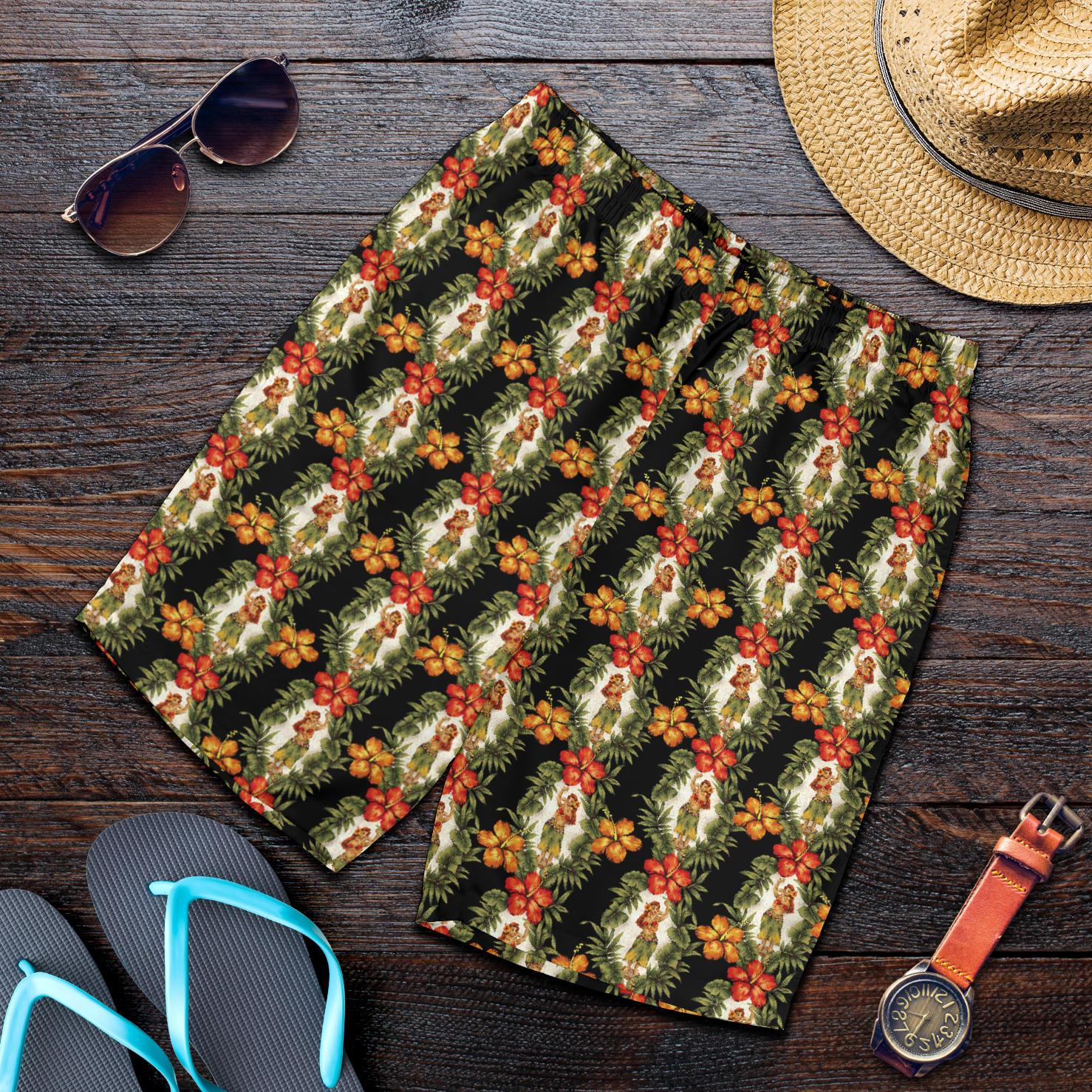 Hawaiian Flower Hula Hibiscus Print Mens Shorts-JTAMIGO.COM
