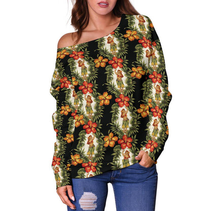 Hawaiian Flower Hula Hibiscus Print Off Shoulder Sweatshirt