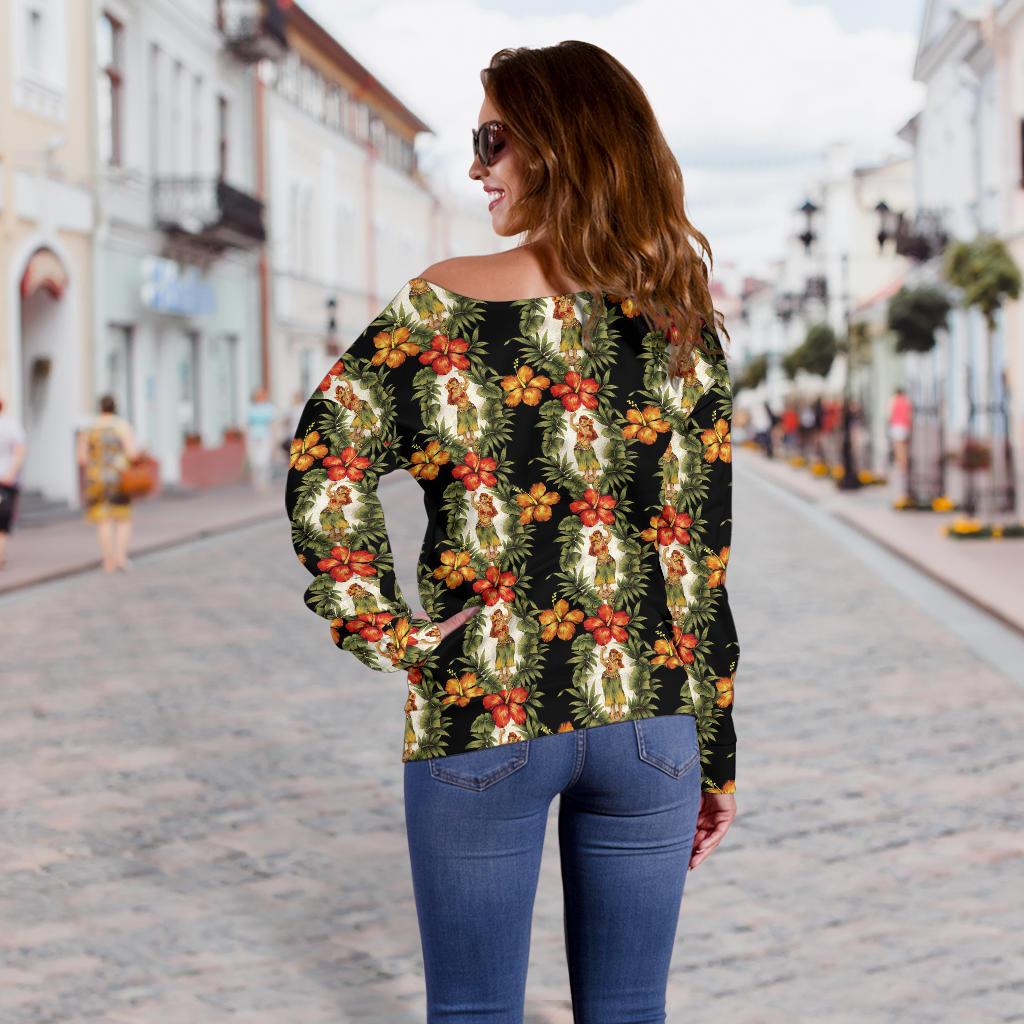 Hawaiian Flower Hula Hibiscus Print Off Shoulder Sweatshirt