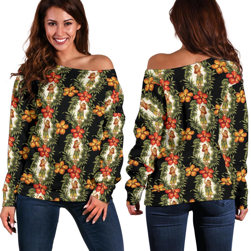 Hawaiian Flower Hula Hibiscus Print Off Shoulder Sweatshirt