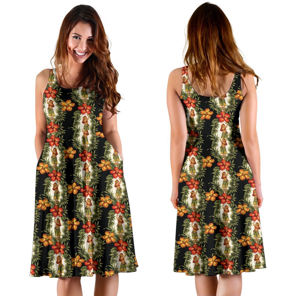 Hawaiian Flower Hula Hibiscus Print Sleeveless Dress