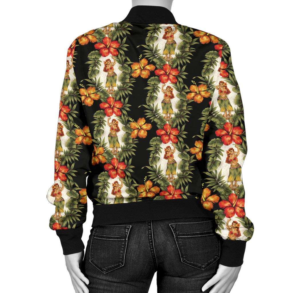 Hawaiian Flower Hula Hibiscus Print Women Casual Bomber Jacket