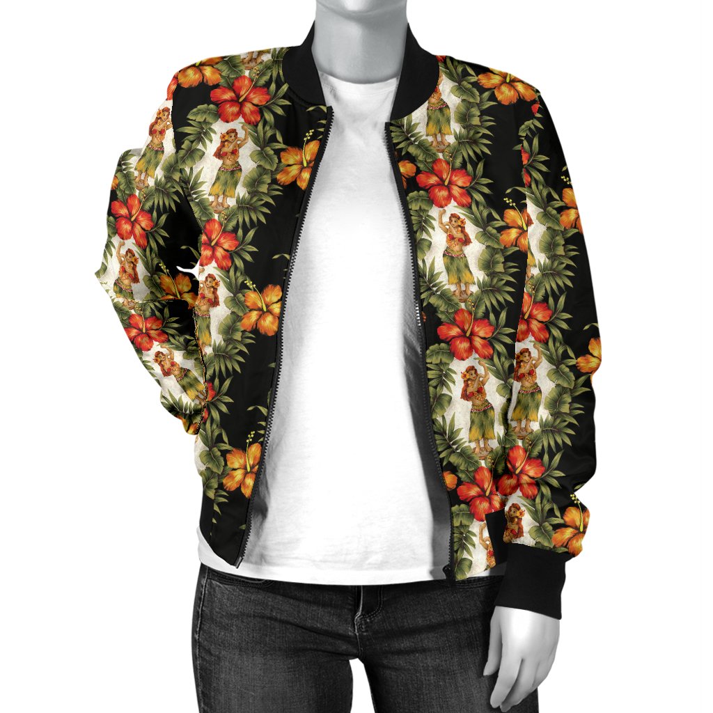 Hawaiian Flower Hula Hibiscus Print Women Casual Bomber Jacket