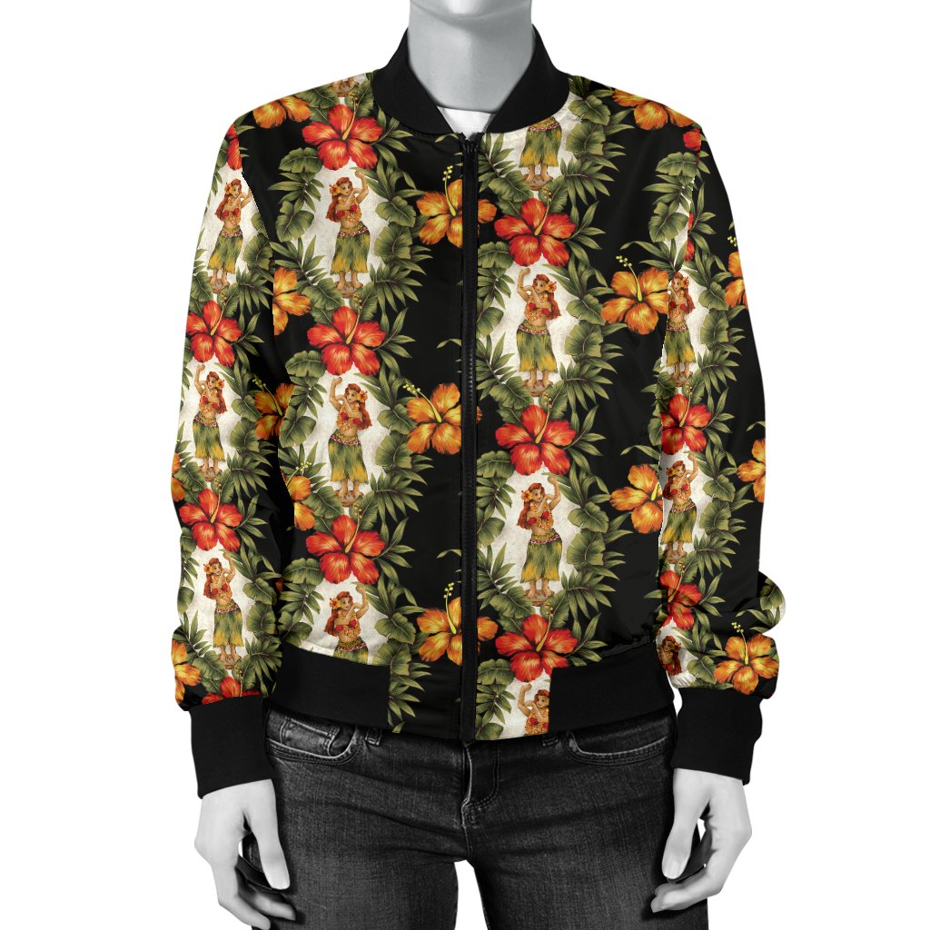 Hawaiian Flower Hula Hibiscus Print Women Casual Bomber Jacket