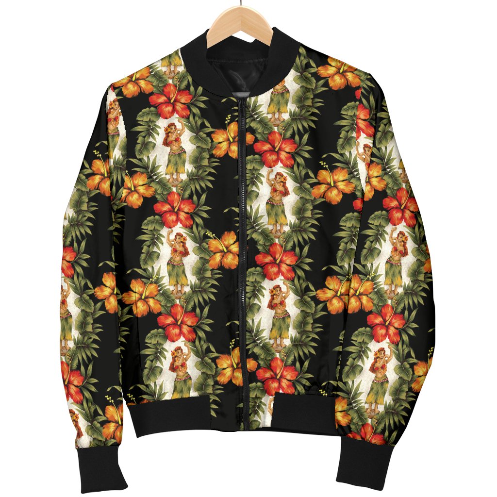 Hawaiian Flower Hula Hibiscus Print Women Casual Bomber Jacket
