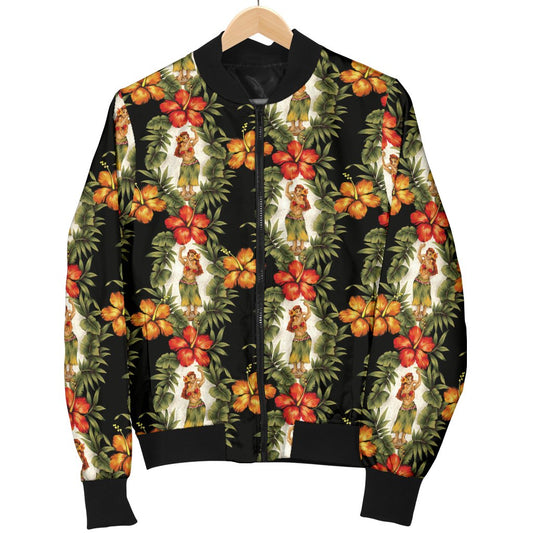 Hawaiian Flower Hula Hibiscus Print Women Casual Bomber Jacket