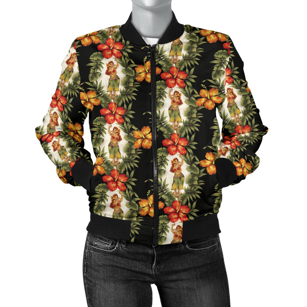 Hawaiian Flower Hula Hibiscus Print Women Casual Bomber Jacket
