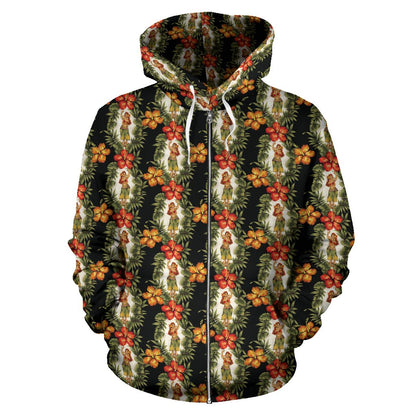 Hawaiian Flower Hula Hibiscus Print Zip Up Hoodie