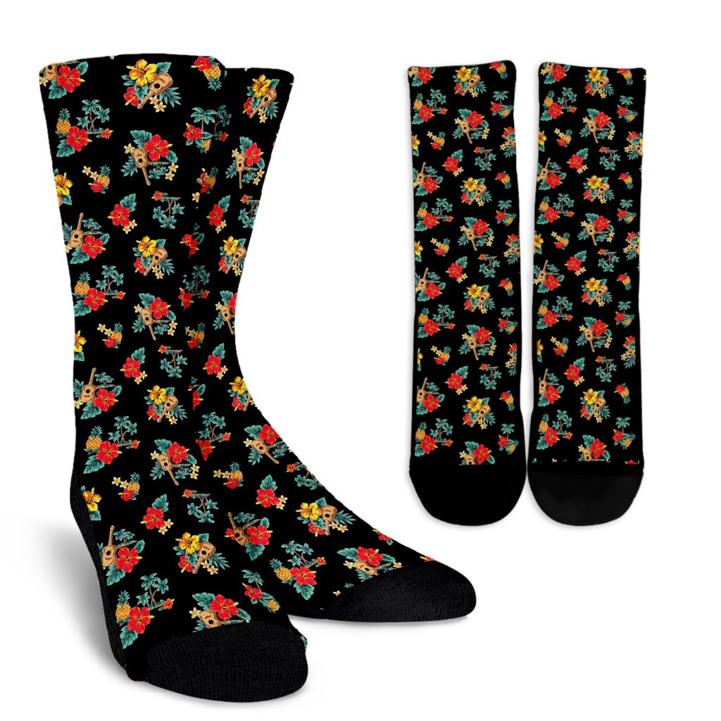 Hawaiian Flower Themed Print Crew Socks