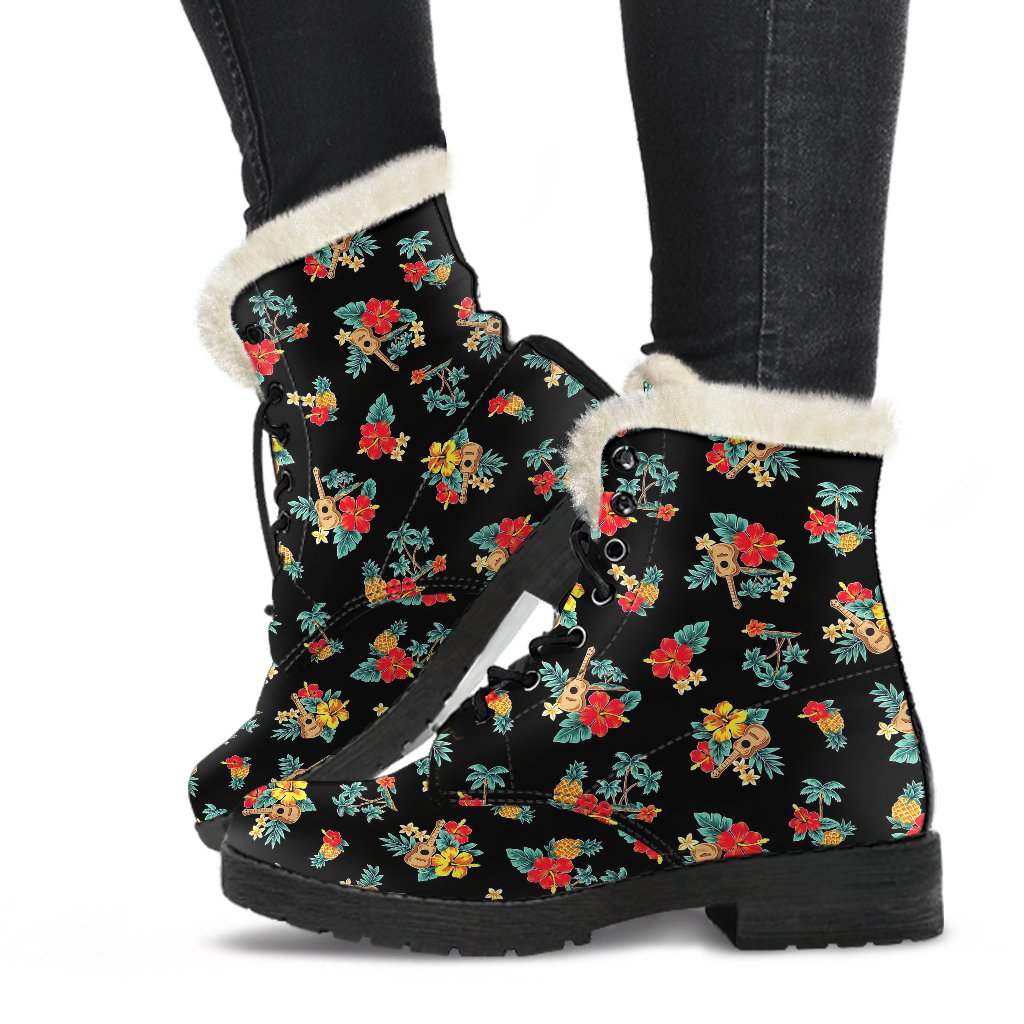 Hawaiian Flower Themed Print Faux Fur Leather Boots-JTAMIGO.COM