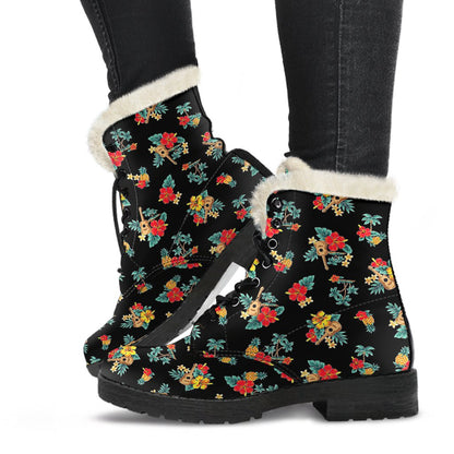 Hawaiian Flower Themed Print Faux Fur Leather Boots-JTAMIGO.COM