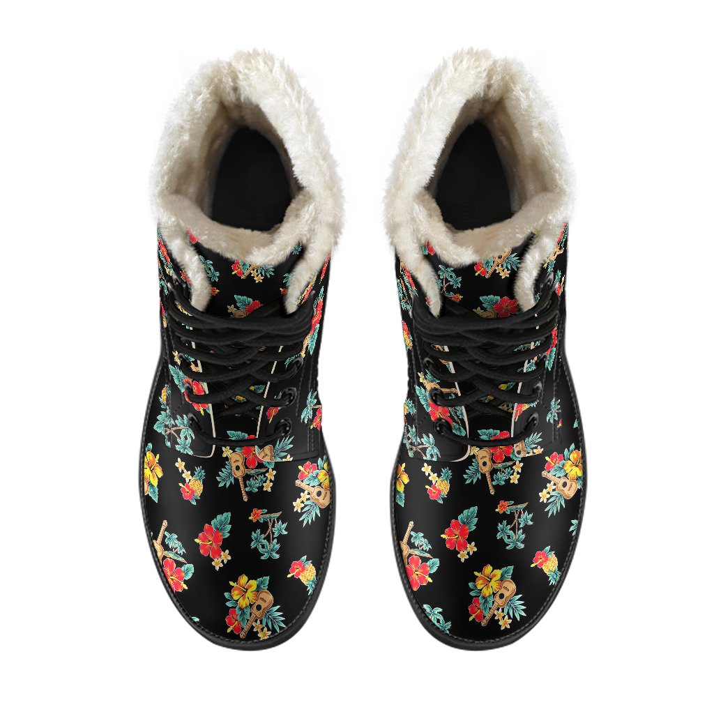 Hawaiian Flower Themed Print Faux Fur Leather Boots-JTAMIGO.COM