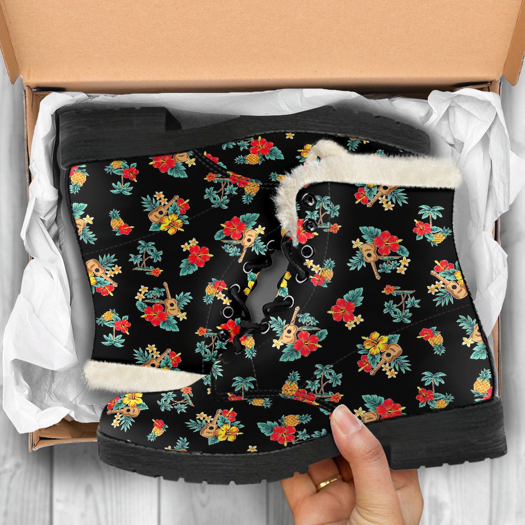 Hawaiian Flower Themed Print Faux Fur Leather Boots-JTAMIGO.COM