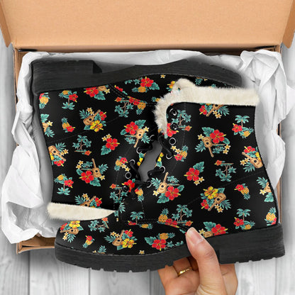 Hawaiian Flower Themed Print Faux Fur Leather Boots-JTAMIGO.COM