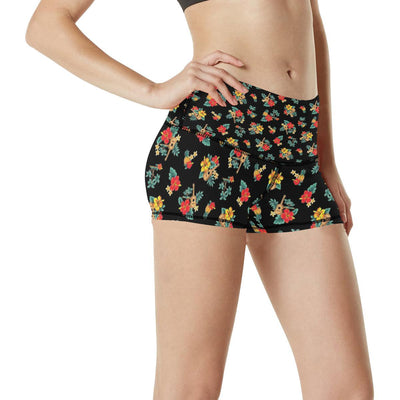 Hawaiian Flower Themed Print High Waisted Spandex Shorts-JTAMIGO.COM