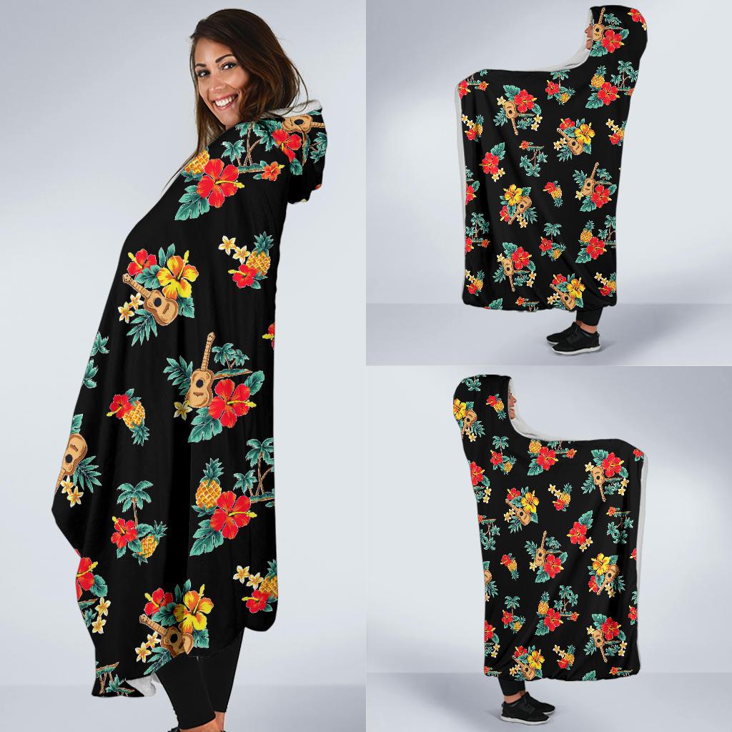 Hawaiian Flower Themed Print Hooded Blanket-JTAMIGO.COM