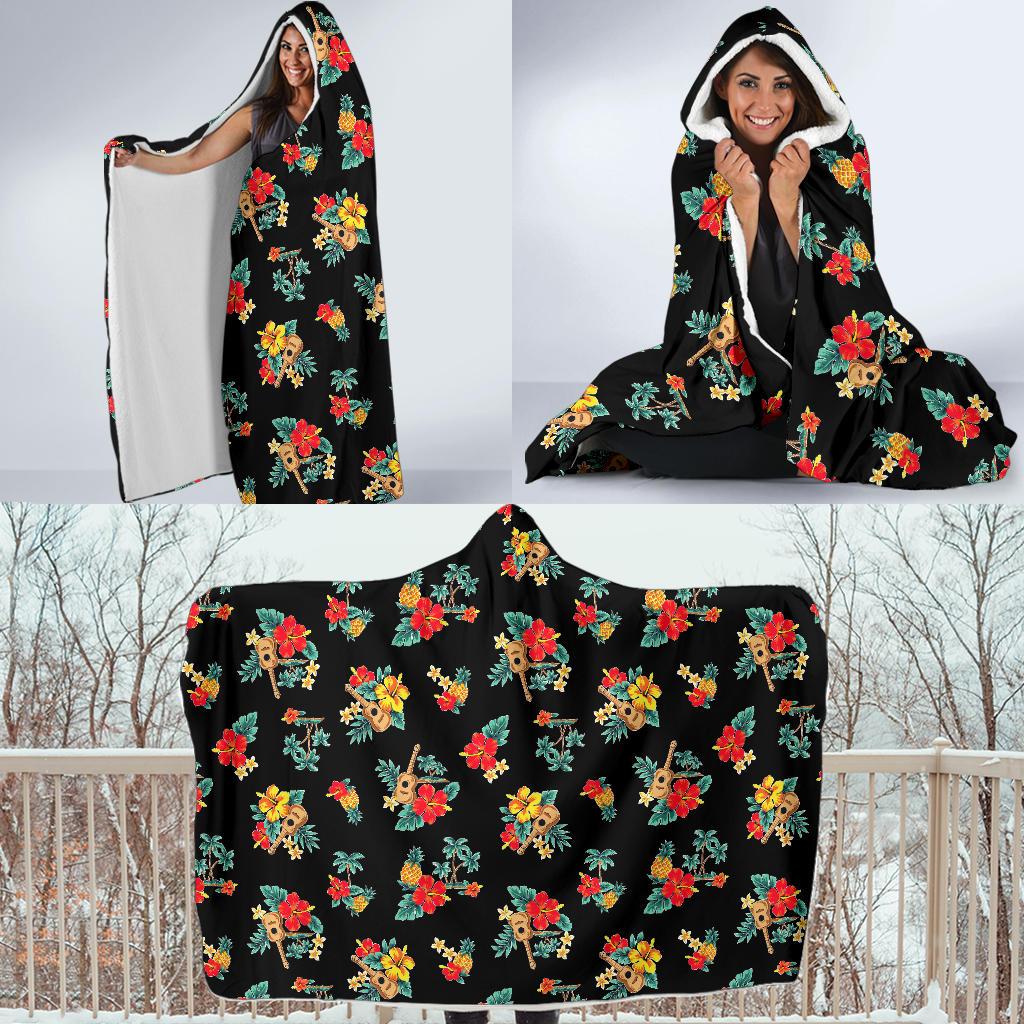 Hawaiian Flower Themed Print Hooded Blanket-JTAMIGO.COM