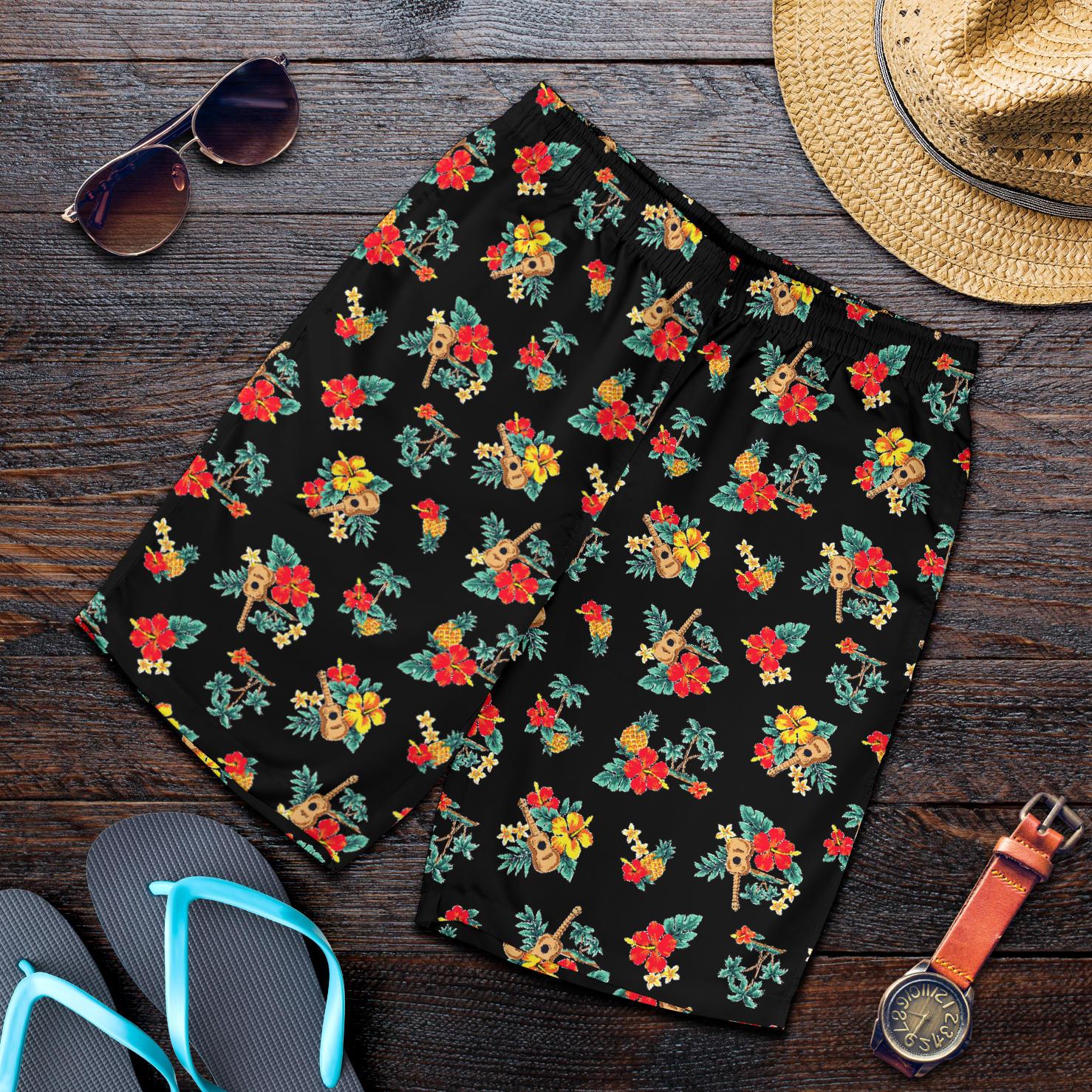 Hawaiian Flower Themed Print Mens Shorts-JTAMIGO.COM