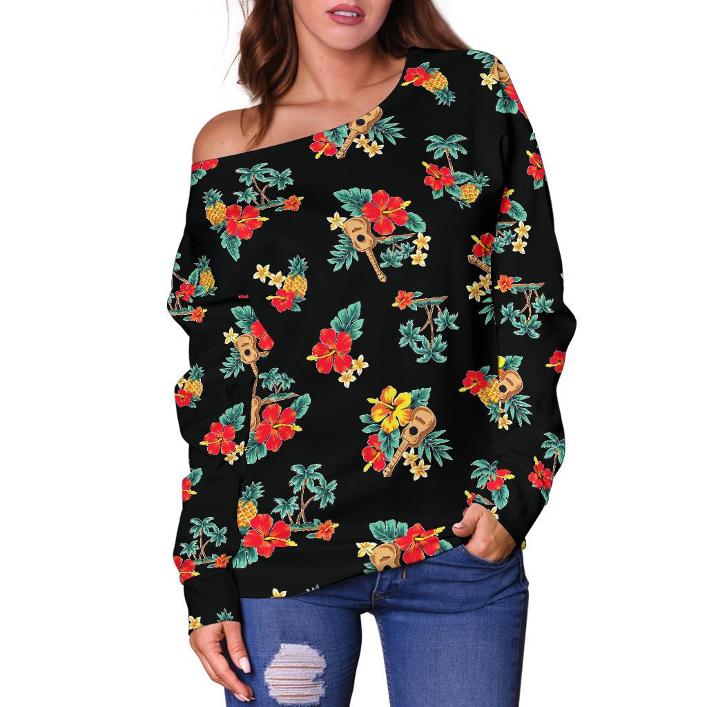 Hawaiian Flower Themed Print Off Shoulder Sweatshirt