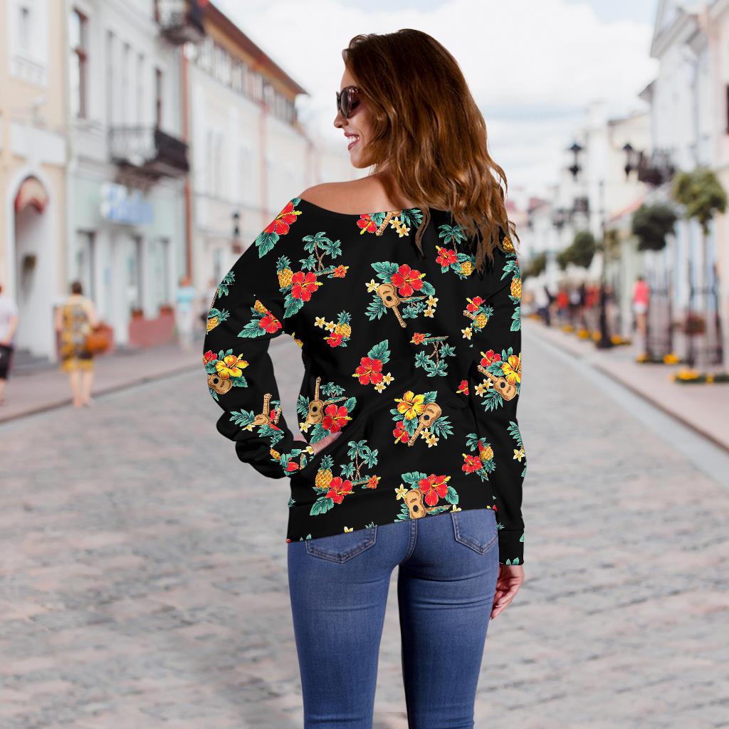 Hawaiian Flower Themed Print Off Shoulder Sweatshirt